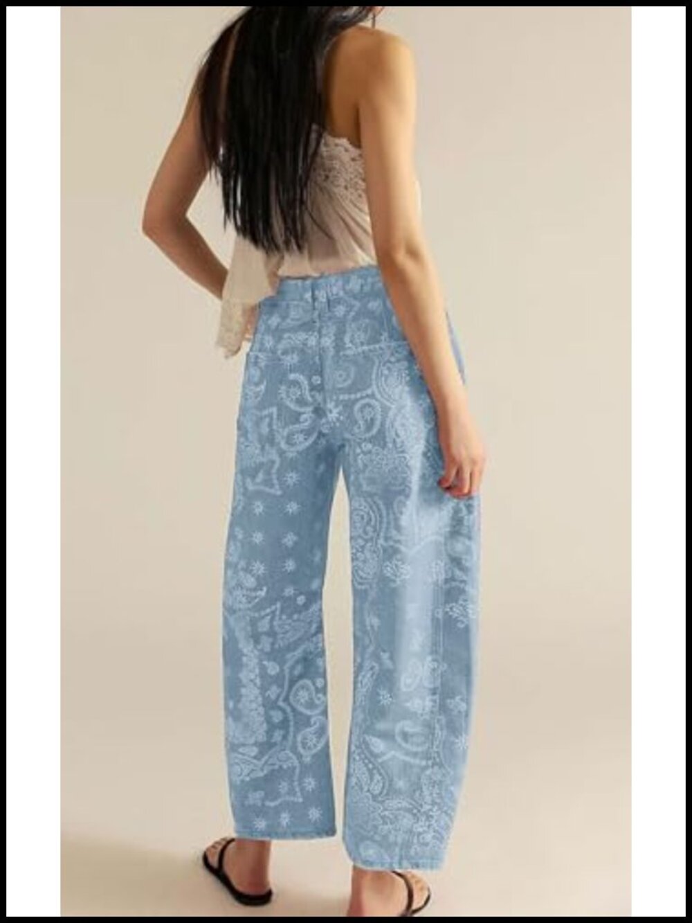 Wide Leg Barrel Jeans Floral Print Denim Ankle Pants Y2k Patchwork - Picture 3 of 5